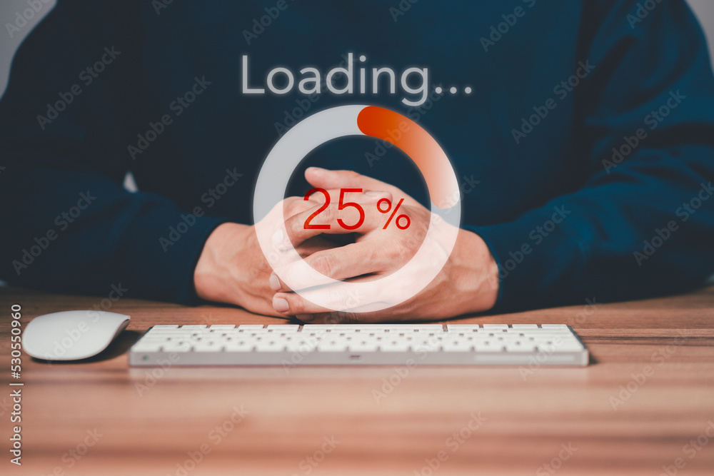 Poster Man using a computer keyboard to download and waiting to loading digital business data form website, concept of waiting for load of loading bar.