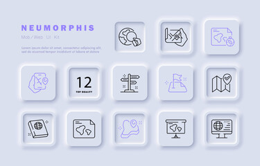 Navigation equipment set icon. GPS, navigator, planet, globe, map, atlas, mariners compass, road sign, pointer, compass, destination, location. Typography concept. Neomorphism. Vector line icon