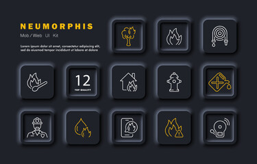 Fires set icon. Fire, forest fires, fire hose, match, sulfur, gunpowder, hydrant, gasoline, fireman, alarm, siren. Dangerous concept. Neomorphism style. Vector line icon for Business and Advertising
