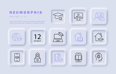 Distance education set icon. Online, academic cap, computer, textbook, e book, internet, listen to music, stay home, phone, student, headphones. Learning concept. Neomorphism style. Vector line icon