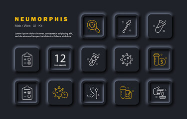 Coronavirus set icon. Test tube, nose drops, pandemic, experiment, vaccine development, virus test, epidemic. Stay home concept. Neomorphism style. Vector line icon for Business and Advertising