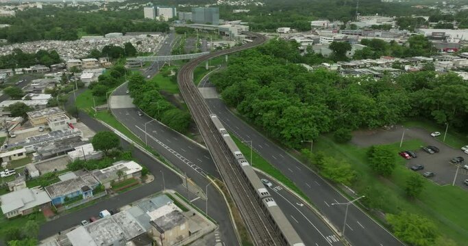 Urban Train Follow shot by drone on Rio piedras Puerto Rico , Tren urbano