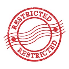 RESTRICTED, text written on red postal stamp.
