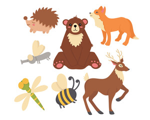 Doodle flat clipart. Set of cute wild animals and insects. All objects are repainted.