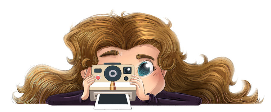 Illustration of a little girl taking a photo with an instant camera