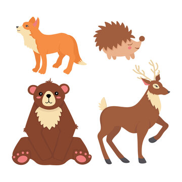 Doodle flat clipart. Set of wild animals. Hedgehog, fox, deer and bear. All objects are repainted.