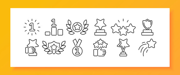 Stars set icon. Review, feedback, rating, flicker star, shimmer, medal, gong, shine, reward, shooting star, tail, first place, pedestal. Dream concept. Vector line icon for Business and Advertising