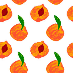 Peach seamless pattern on transparent background. Nectarine wallpaper. Sketch art peach background for organic baby food label, yogurt packaging design, vegan banner, fruity ornament. Apricot backdrop