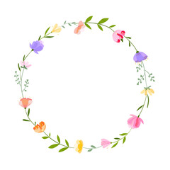 Vector floral wreath illustration. Set of leaves, wildflowers, twigs, floral arrangements. Beautiful compositions of field grass and bright spring flowers.