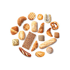 Bread roll bakery variety high angle circle in square format, cutout isolated on white background