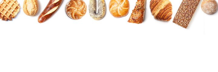 Bread roll bakery variety high angle panorama title banner, cutout isolated on white background