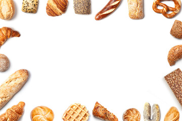 Bread roll bakery variety high angle banner frame, cutout isolated on white background