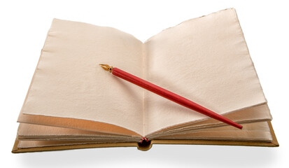 Vintage red pen with gold nib on antique leather hardcover notebook
