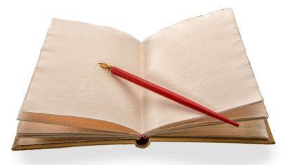Vintage red pen with gold nib on antique leather hardcover notebook