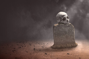Human skull on the graveyard