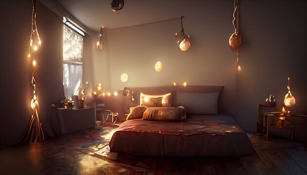 Cozy Bedroom Environment Interior, String Lights