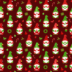 Seamless pattern with small gnomes. Cute Christmas elf cartoon characters holding gift, candy, christmas ball. Flat vector elements for fabric, wallpaper, wrapping paper. Christmas dwarfs on dark red