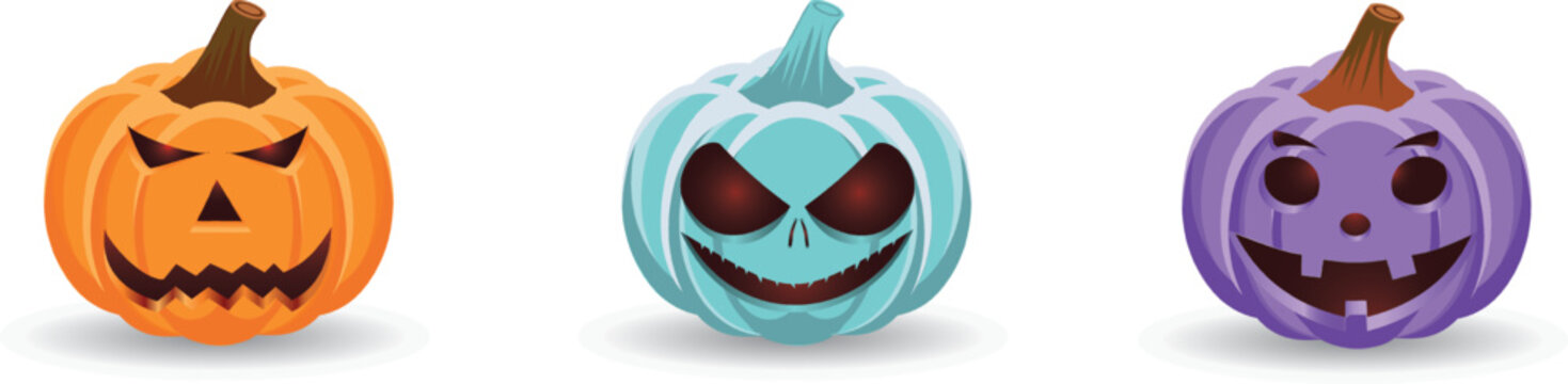 Happy Halloween pumpkins collection. Collection of orange, blue and purple pumpkins with a scary spooky Halloween smile. Vector illustration.