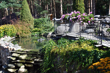 Beautiful classic garden pond with small waterfall