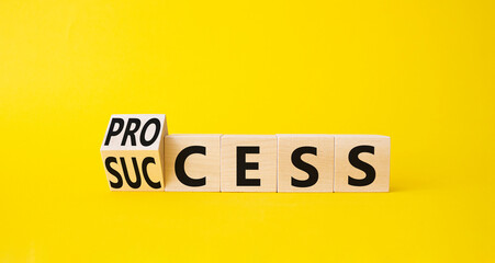 Process and Success symbol. Turned cube with words success and process. Beautiful yellow background. Businessman hand. Business and process and success concept. Copy space