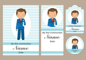 First communion card, bookmark, label and sticker set for boy	