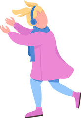 Happy girl running semi flat color raster character. Active figure. Full body person on white. December activity isolated modern cartoon style illustration for graphic design and animation