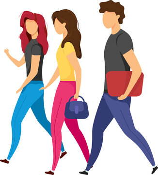 Group of friends walking semi flat color raster characters. Moving figures. Full body people on white. Going together isolated modern cartoon style illustration for graphic design and animation