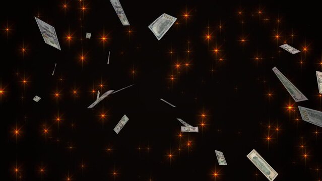 Scattered dollar bills against the background of blinking stars. 3d render.
