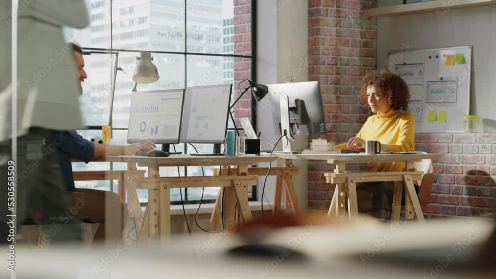 Leinwandbilder Man and Female Sitting Behind Desks Next to Big Window with City View and Work with Analytical Data on Computers. Two Multicultural Colleagues Busy Researching and Developing Business Strategy.