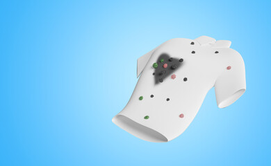 3d show dirt, virus on the shirt for advertising detergent isolated on blue background. 3d render illustration, clipping path