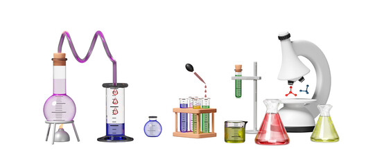 3d science experiment kit with alcohol lamp, beaker, test tube, microscope isolated. classroom online innovative education concept, 3d render illustration