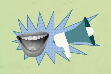 Creative collage image of human mouth toothy smile speak megaphone loudspeaker isolated on painted...