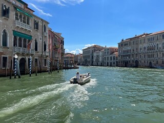 Speedboat travelling up the Grand Canal, Venice 