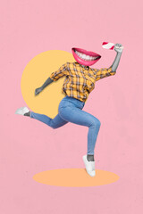 Vertical collage image of excited person hand hold ice cream running mouth instead head isolated on...