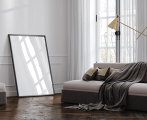 Fototapeta Black frame mockup in classic white interior with modern furniture, 3d render obraz