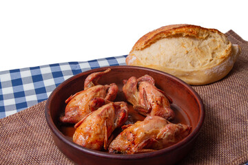 Roasted game birds and white bread with white copy space background on top. Rustic table serving.