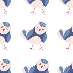 Colorful birds seamless pattern. Exotic birds in different print poses. Vector illustration.