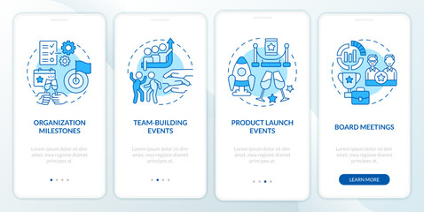 Fototapeta na wymiar Corporate events examples blue onboarding mobile app screen. Company walkthrough 4 steps editable graphic instructions with linear concepts. UI, UX, GUI template. Myriad Pro-Bold, Regular fonts used