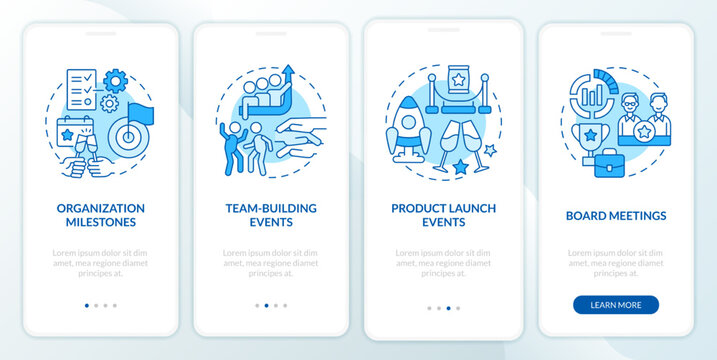 Corporate events examples blue onboarding mobile app screen. Company walkthrough 4 steps editable graphic instructions with linear concepts. UI, UX, GUI template. Myriad Pro-Bold, Regular fonts used
