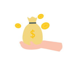 hand holding money bag icon, coin icon, gold, vector graphic illustration