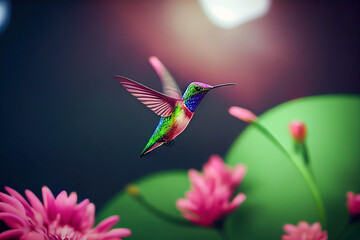 Beautiful colourful hummingbird flies to the flower. Small colorful bird in flight. 3D illustration