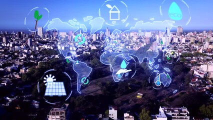 Aerial flight over park and city of Buenos Aires with digital animation symbols for climate change,global warming,renewable energy,water scarcity worldwide - Futuristic blue color motion graphic