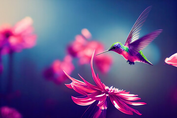 Beautiful colourful hummingbird flies to the flower. Small colorful bird in flight. digital art