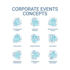 Corporate events turquoise concept icons set. Business culture and communication idea thin line color illustrations. Isolated symbols. Editable stroke. Roboto-Medium, Myriad Pro-Bold fonts used