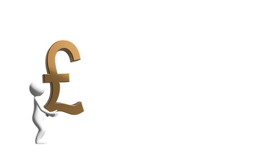 man carrying money concept 3D figure carrying a 3D gold metal pound sterling currency symbol sign cut out isolated on white background