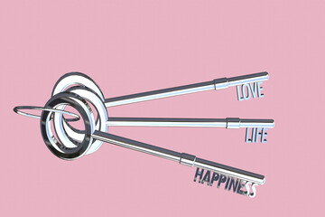 key to love concept key to life concept key to happiness concept bunch of keys 3d render silver keys