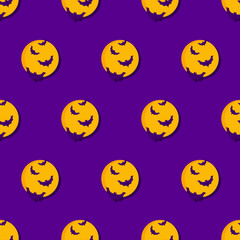 Halloween seamless pattern with bats and moon. Silhouette halloween bats on full moon. Halloween background with flying bats. Design for wrapping paper, wallpaper, fabric. Vector illustration