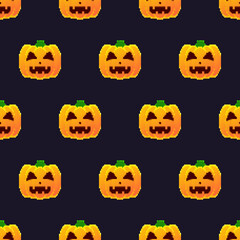 Pixel art halloween pumpkin lanterns. Seamless pattern with 8 bit pumpkin. Icon Jack-o'-lantern in retro style. Halloween design for print wrapping paper, fabric, wallpaper. Vector illustration