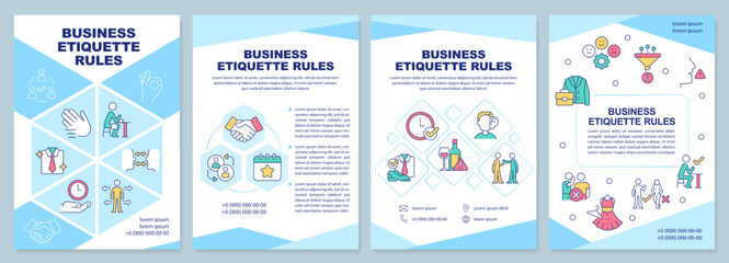 Business etiquette rules blue brochure template. Leaflet design with linear icons. Editable 4 vector layouts for presentation, annual reports. Arial-Black, Myriad Pro-Regular fonts used