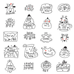 Collection of hand drawn badges. Thank you. Christmas concept. Vector outline illustrations for greeting card, t shirt, sticker, poster design.